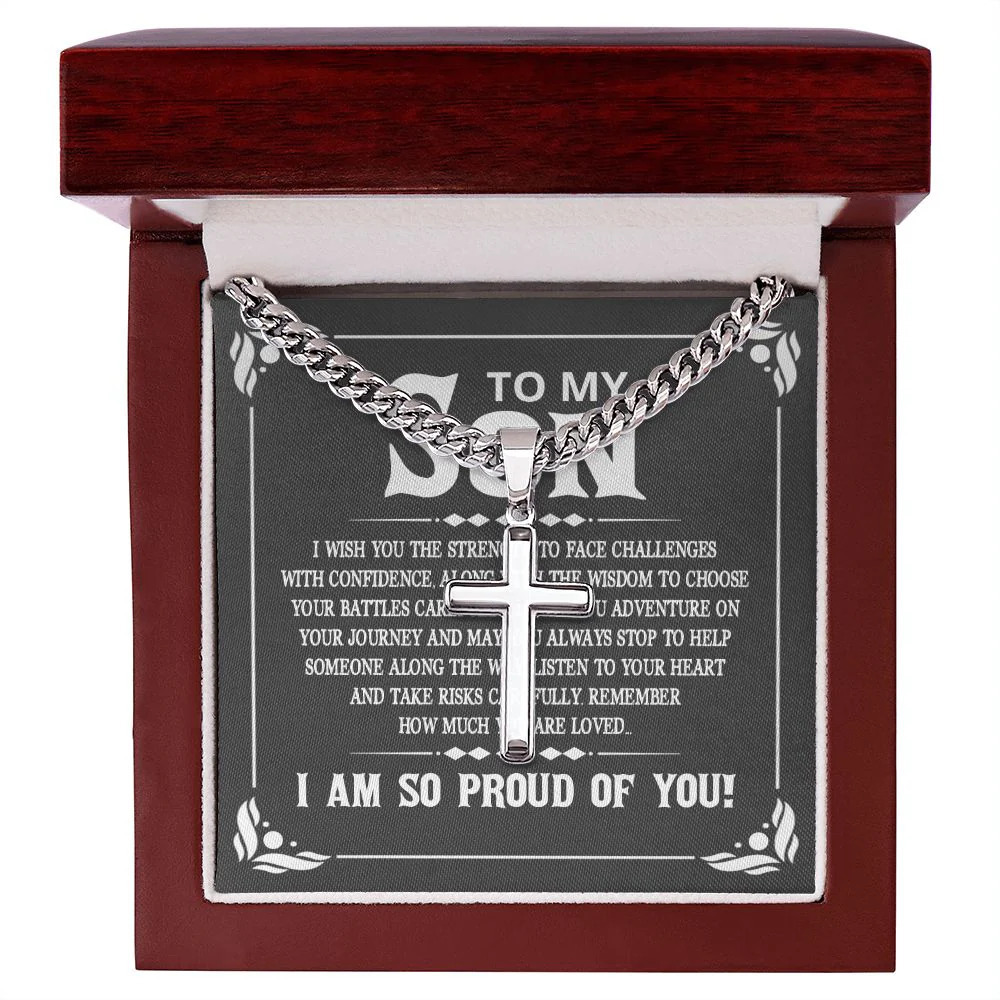 To My Son Strength to Face Challenges Artisan Cross Cuban Chain Luxury Box